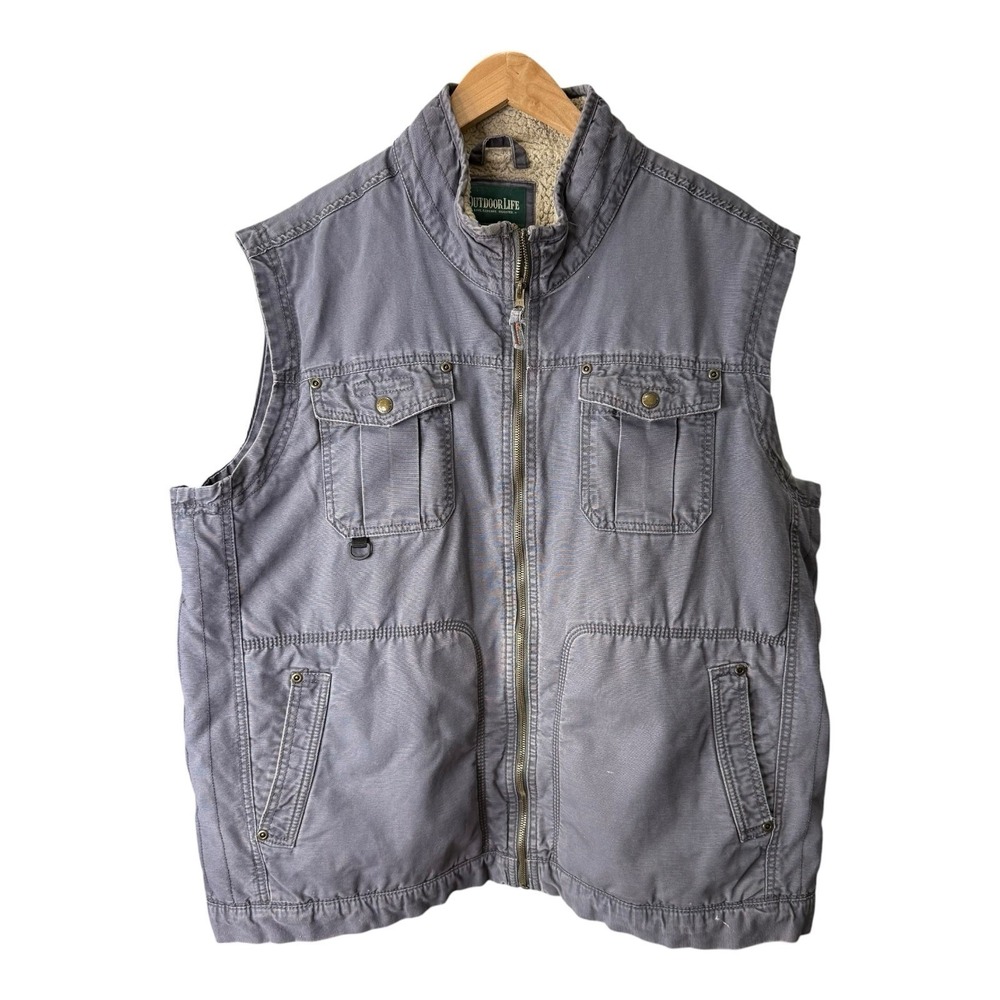 Vintage Outdoor Life Sherpa Lined Utility Vest Gray Full Zip Men's XL Workwear